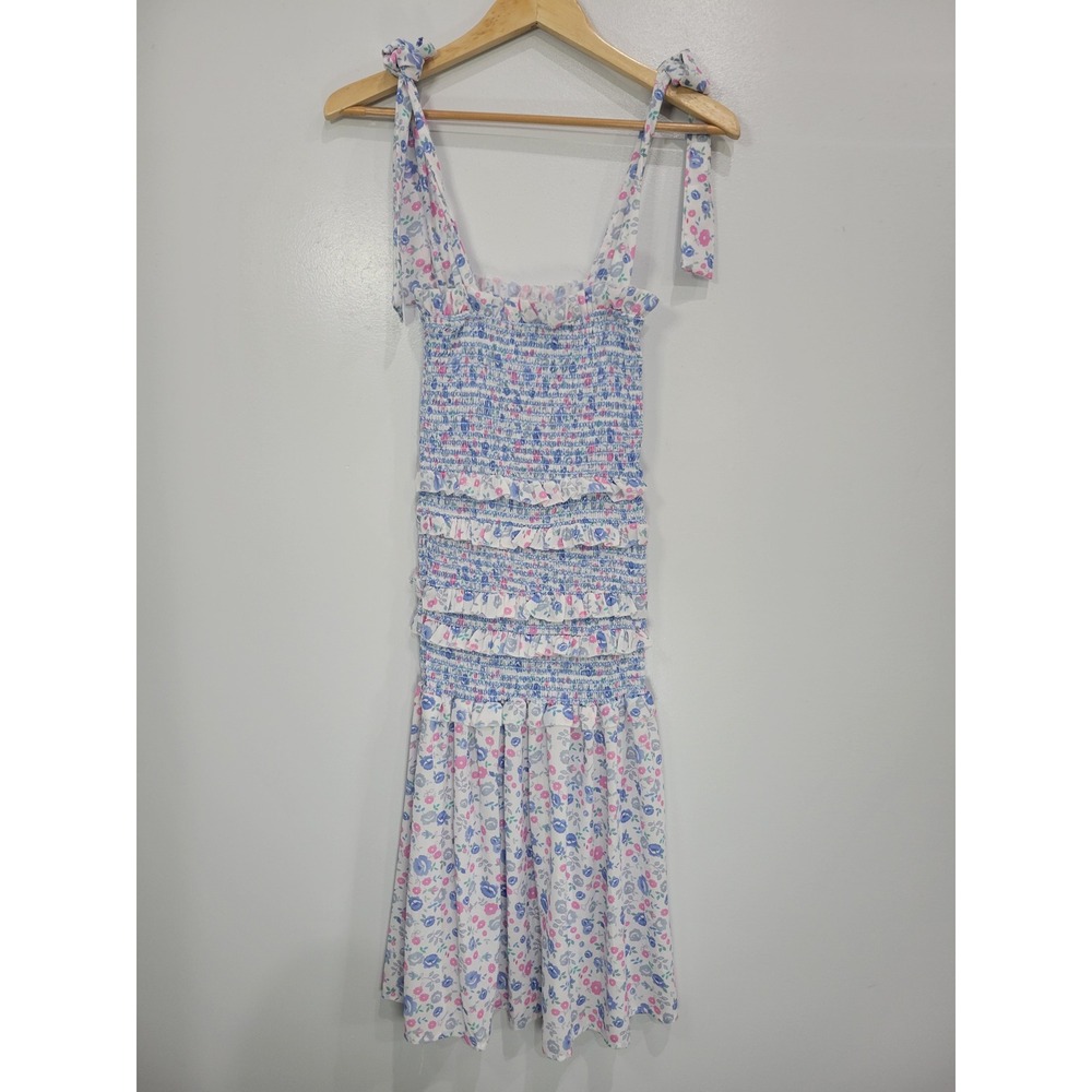 SundayUp Womens Floral Smocked Mini Dress Blue Pink Tie Shoulder‎ Ruffle Size M